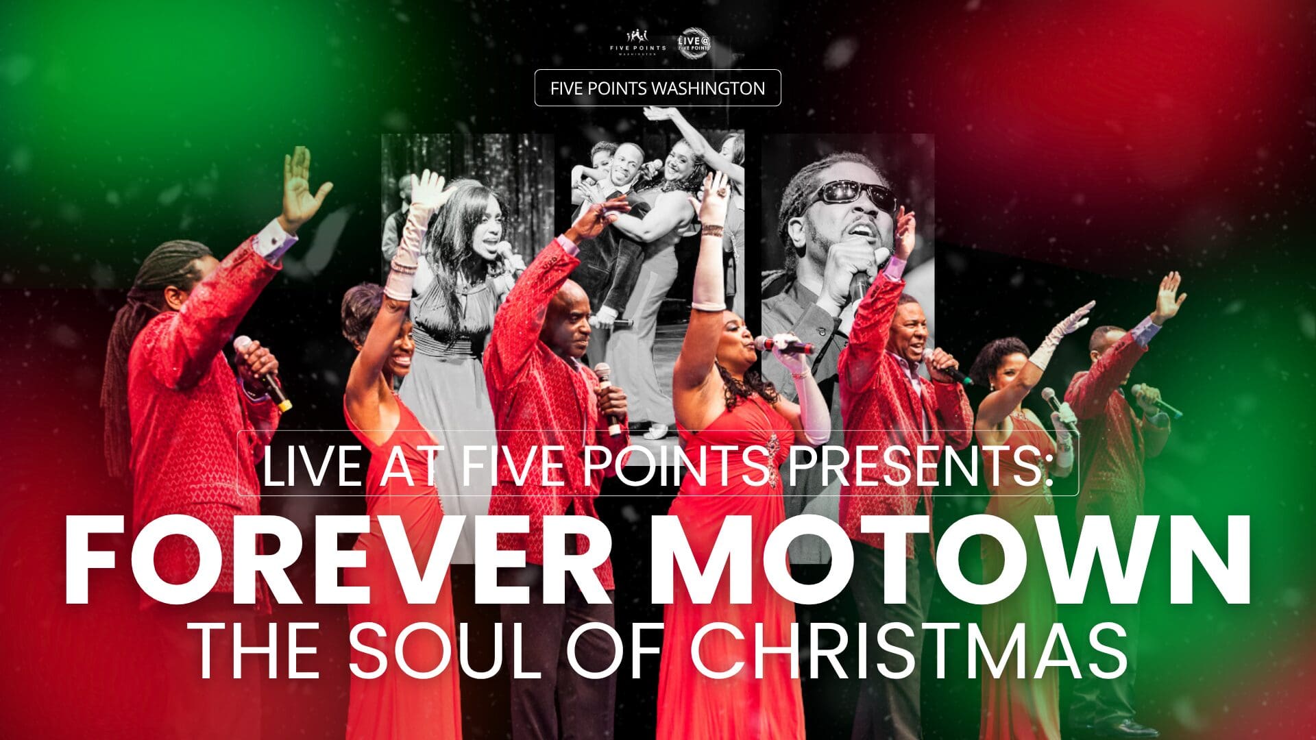 Motown Christmas concert performers singing joyfully.