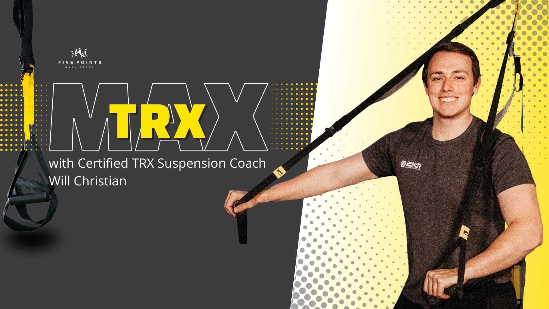 Man holding TRX suspension trainer, smiling.