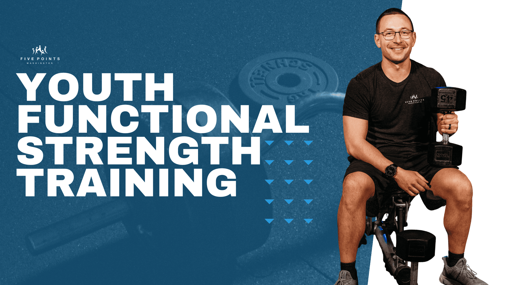 Man holding dumbbells, promoting strength training.