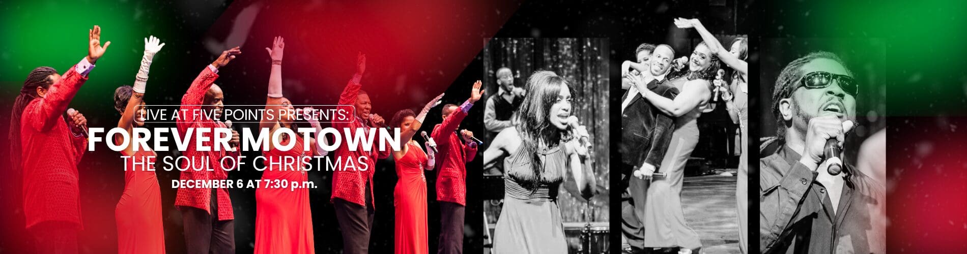 Motown Christmas concert performers in festive attire.