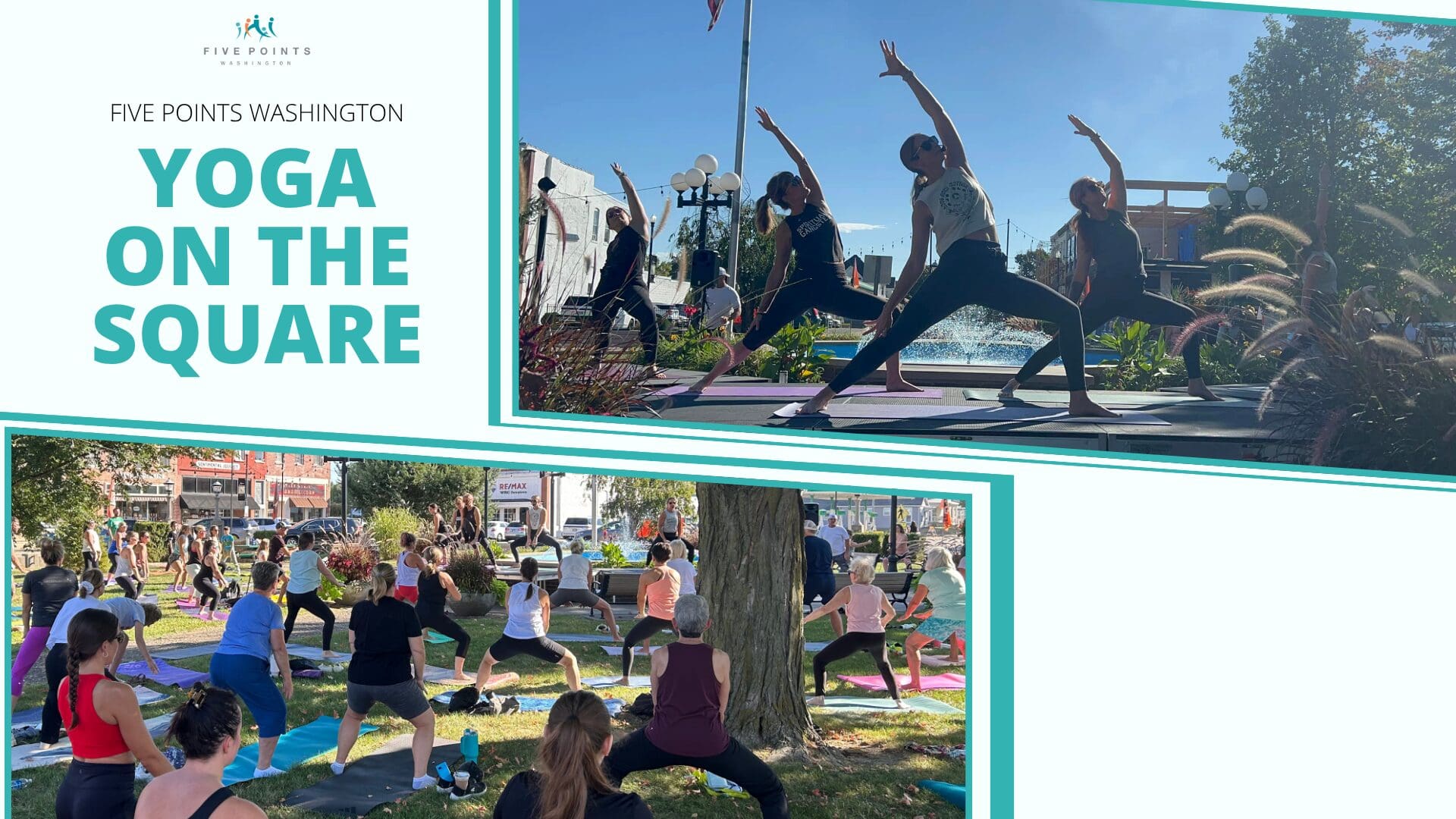 People doing yoga outdoors in a park.